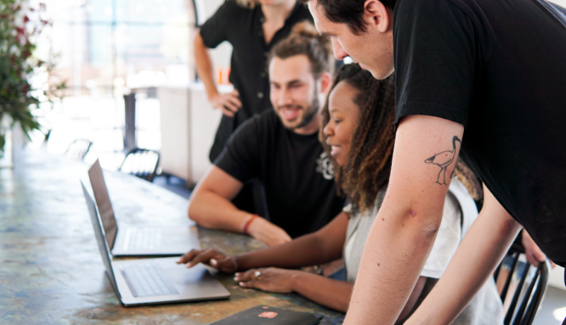 Business professionals collaborating in an office setting